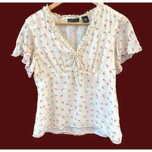 Vintage Y2K Moda International Babydoll Floral Blouse Large Cottagecore Prairie